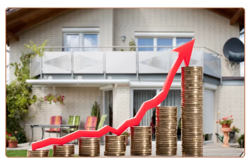 Rising property value represented by growing coin stacks and an upward red arrow in front of a house